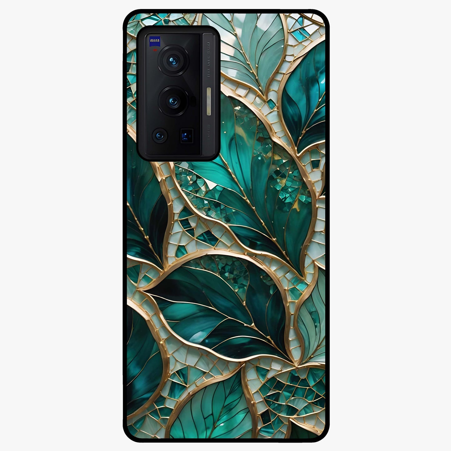 Emerald Leaf Glass Glass Case showing flat back view with emerald green leaf artwork and glossy glass finish.