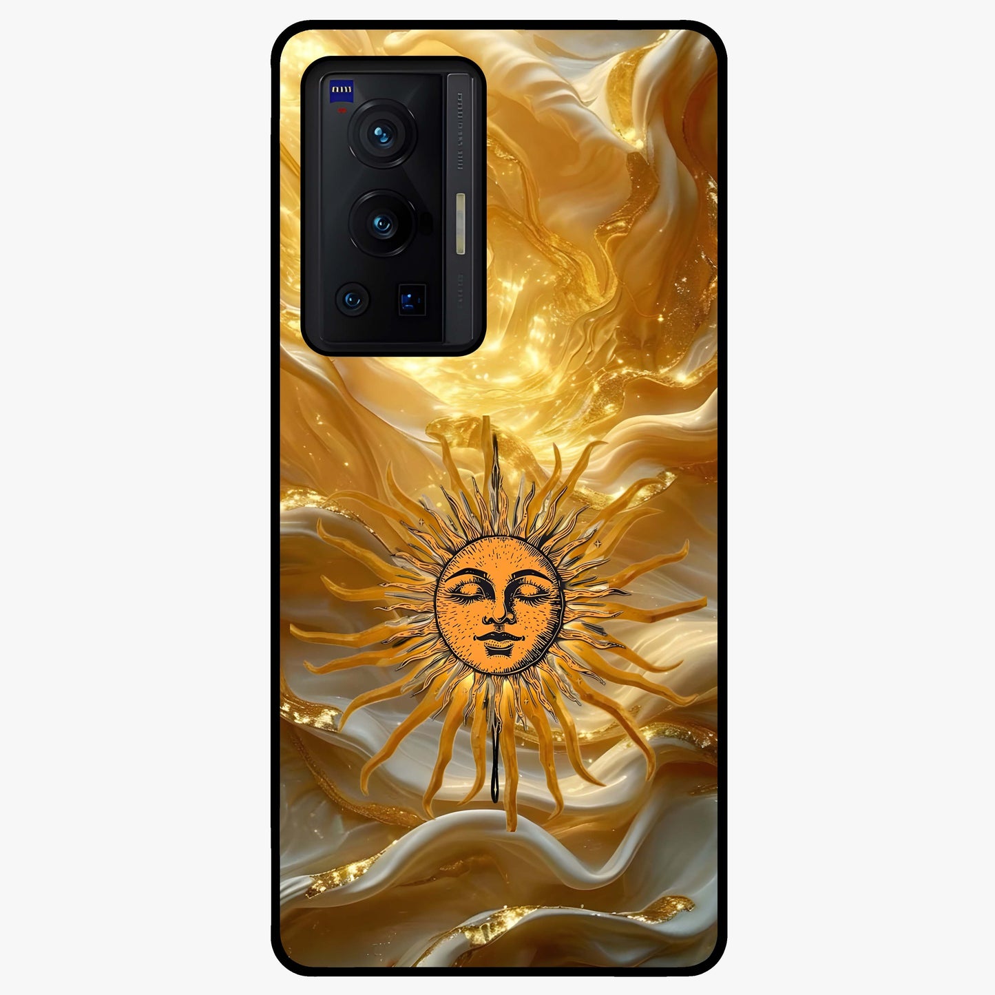 Eternal Golden Glow Glass Case showing flat back view with radiant golden themed artwork and glossy glass finish.