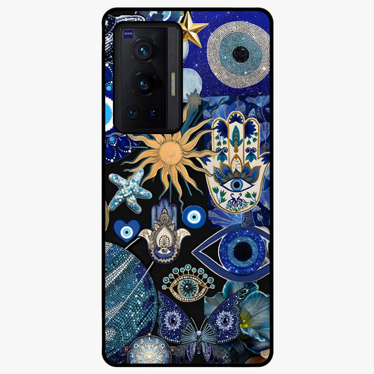 Evil Eye Charm Mix Glass Case showing flat back view with multiple evil eye charms artwork and glossy glass finish.