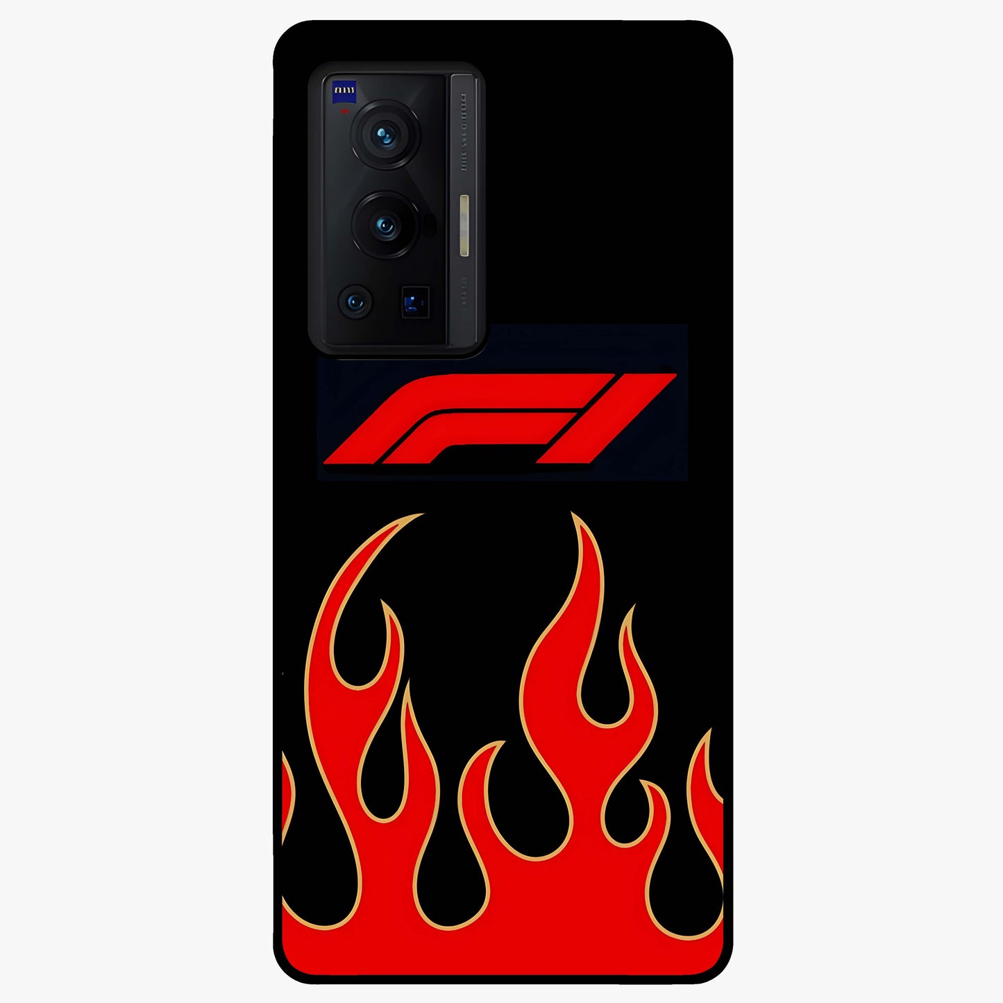 Fire F11 Glass Case showing flat back view with fiery themed artwork and glossy glass finish.