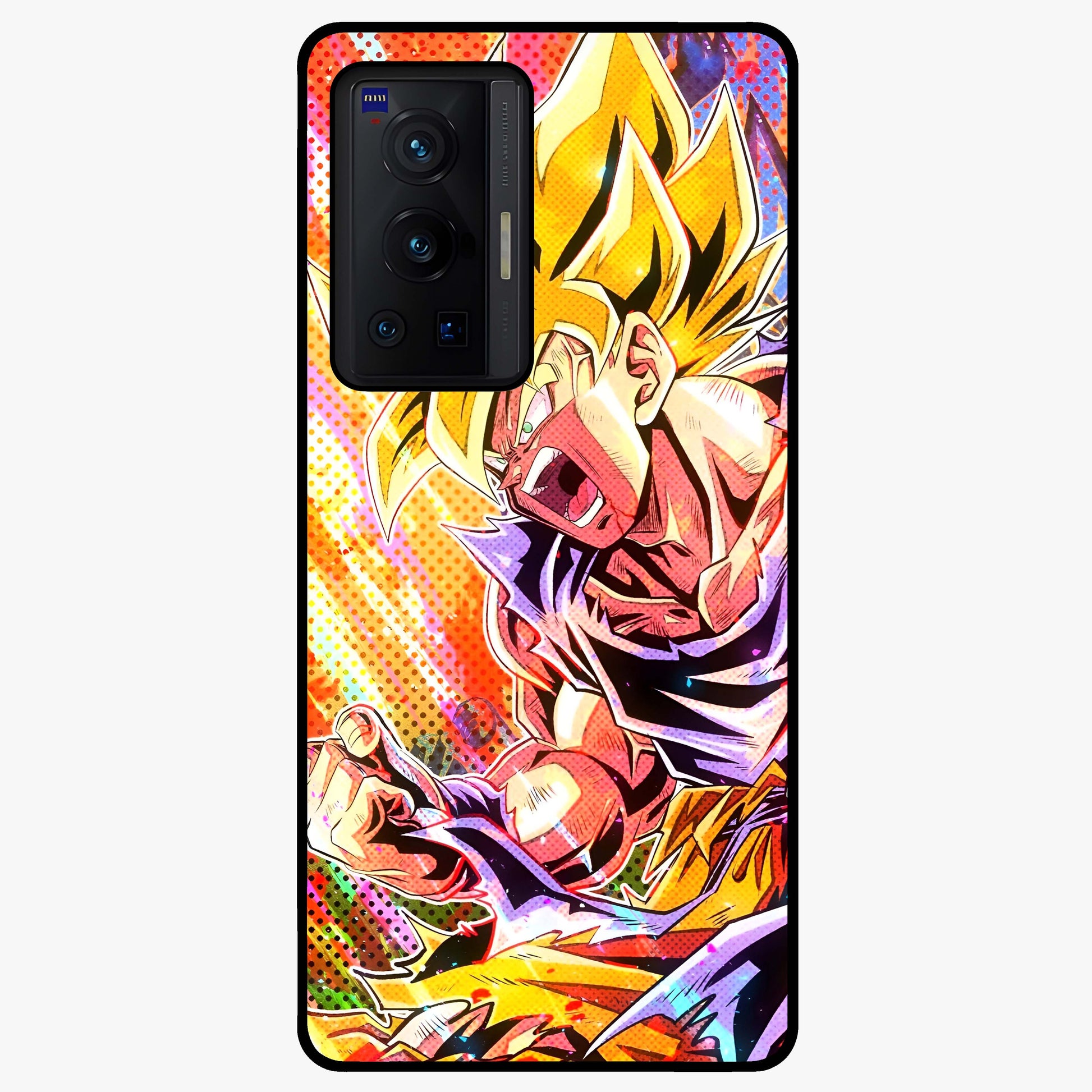 Firing Goku Glass Case showing flat back view with powerful anime inspired artwork and glossy glass finish.