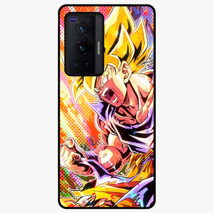 Firing Goku Glass Case showing flat back view with powerful anime inspired artwork and glossy glass finish.