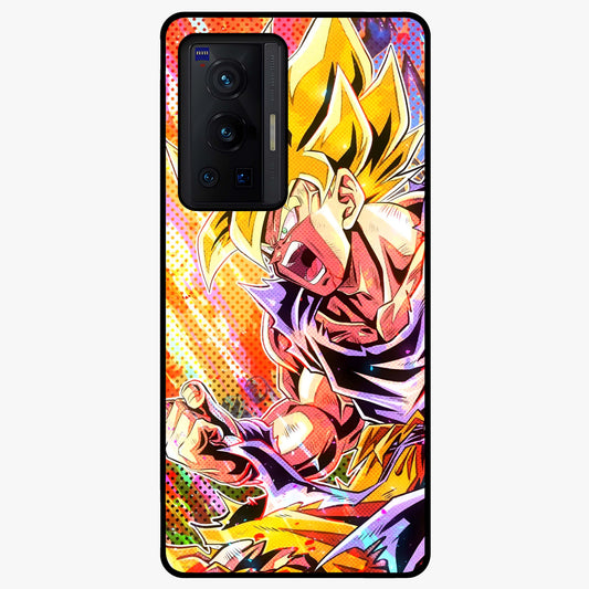 Firing Goku Glass Case showing flat back view with powerful anime inspired artwork and glossy glass finish.
