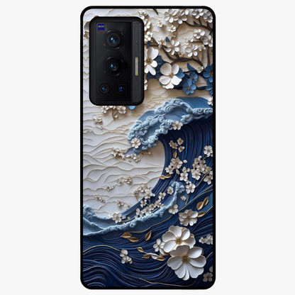 Floral Wave Origami Glass Case showing flat back view with origami inspired floral wave artwork and glossy glass finish.