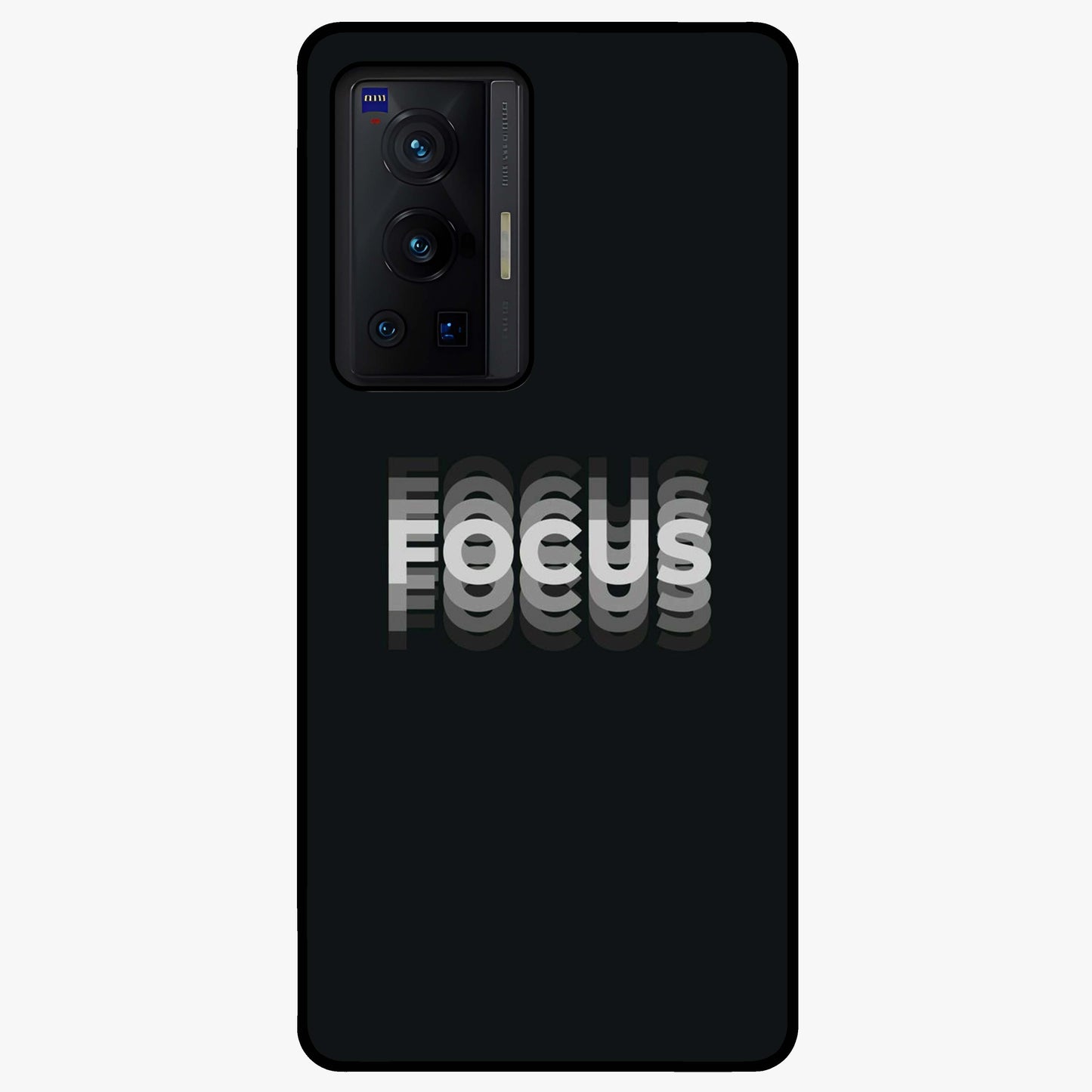 Focus Mode On Glass Case showing flat back view with bold motivational typography design and glossy glass finish.