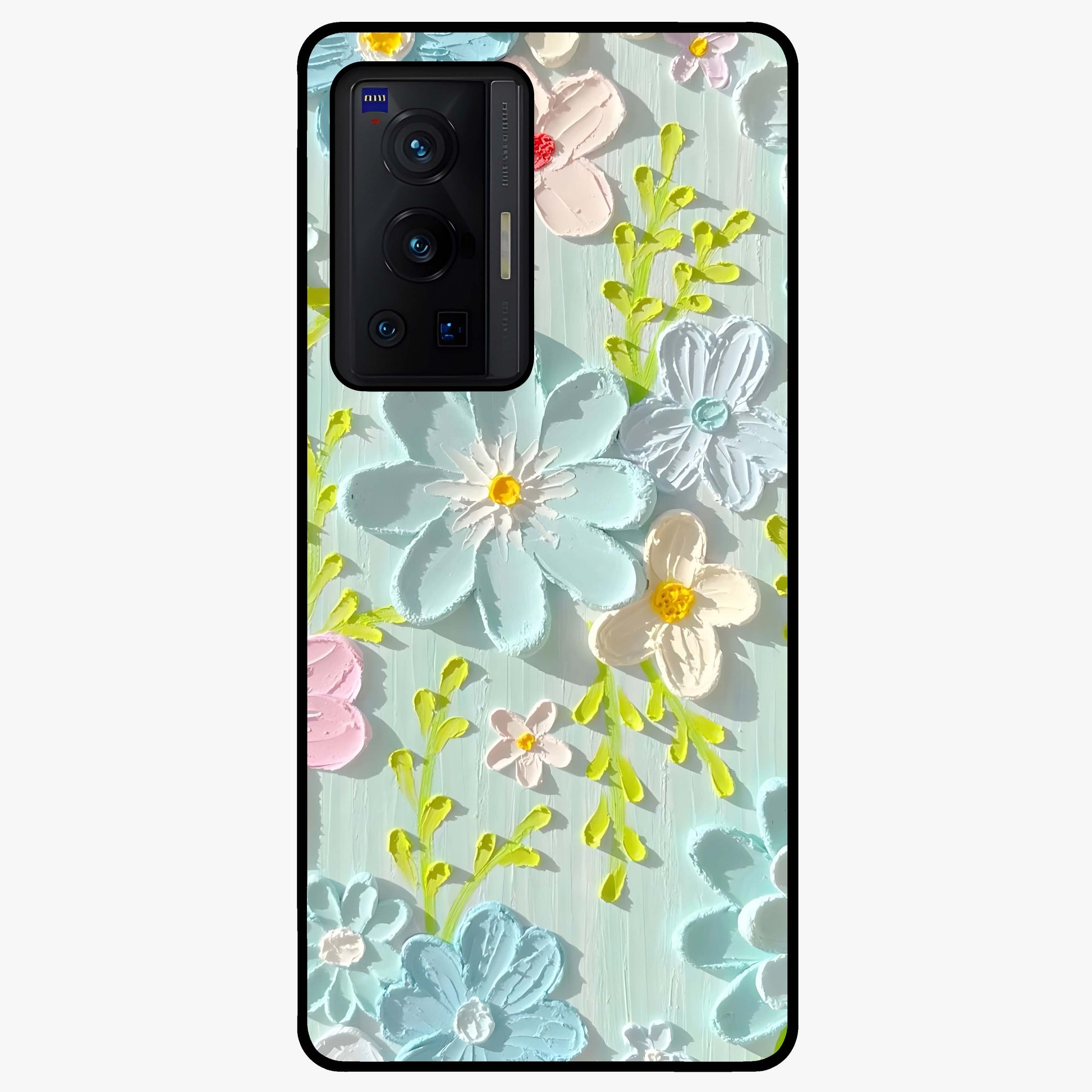Frosted Petal Garden Glass Case showing flat back view with soft frosted floral artwork and glossy glass finish.