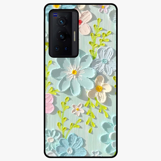 Frosted Petal Garden Glass Case showing flat back view with soft frosted floral artwork and glossy glass finish.