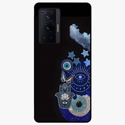 Galactic Charm Cluster Glass Case showing flat back view with glowing celestial charm artwork and glossy glass finish.