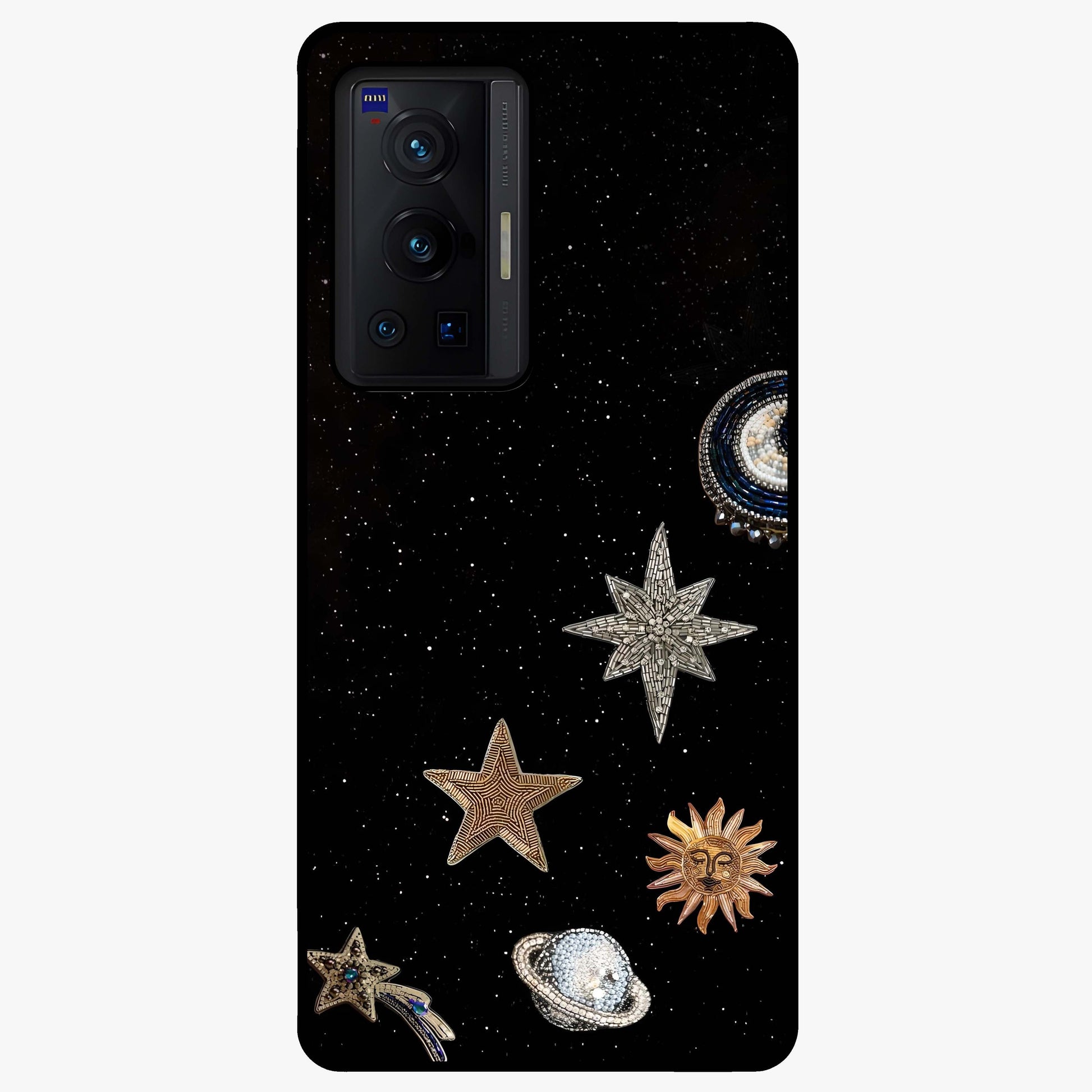 Galactic Charm Glow Glass Case showing flat back view with glowing celestial charm artwork and glossy glass finish.