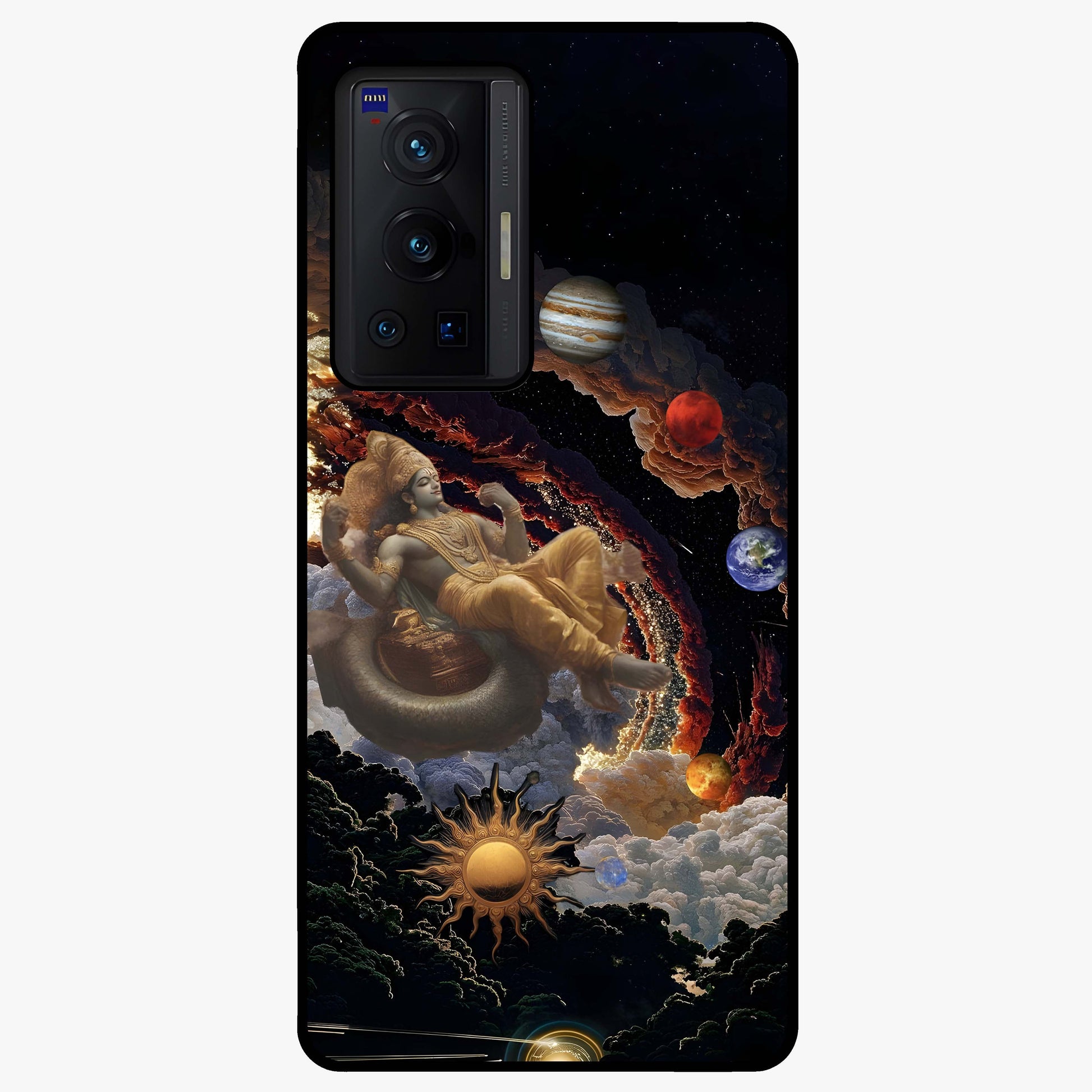 Galactic Divine God Glass Case showing flat back view with divine cosmic themed artwork and glossy glass finish.