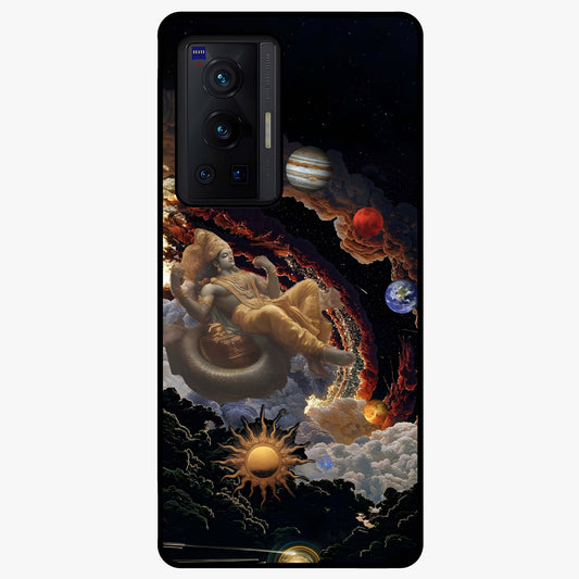 Galactic Divine God Glass Case showing flat back view with divine cosmic themed artwork and glossy glass finish.