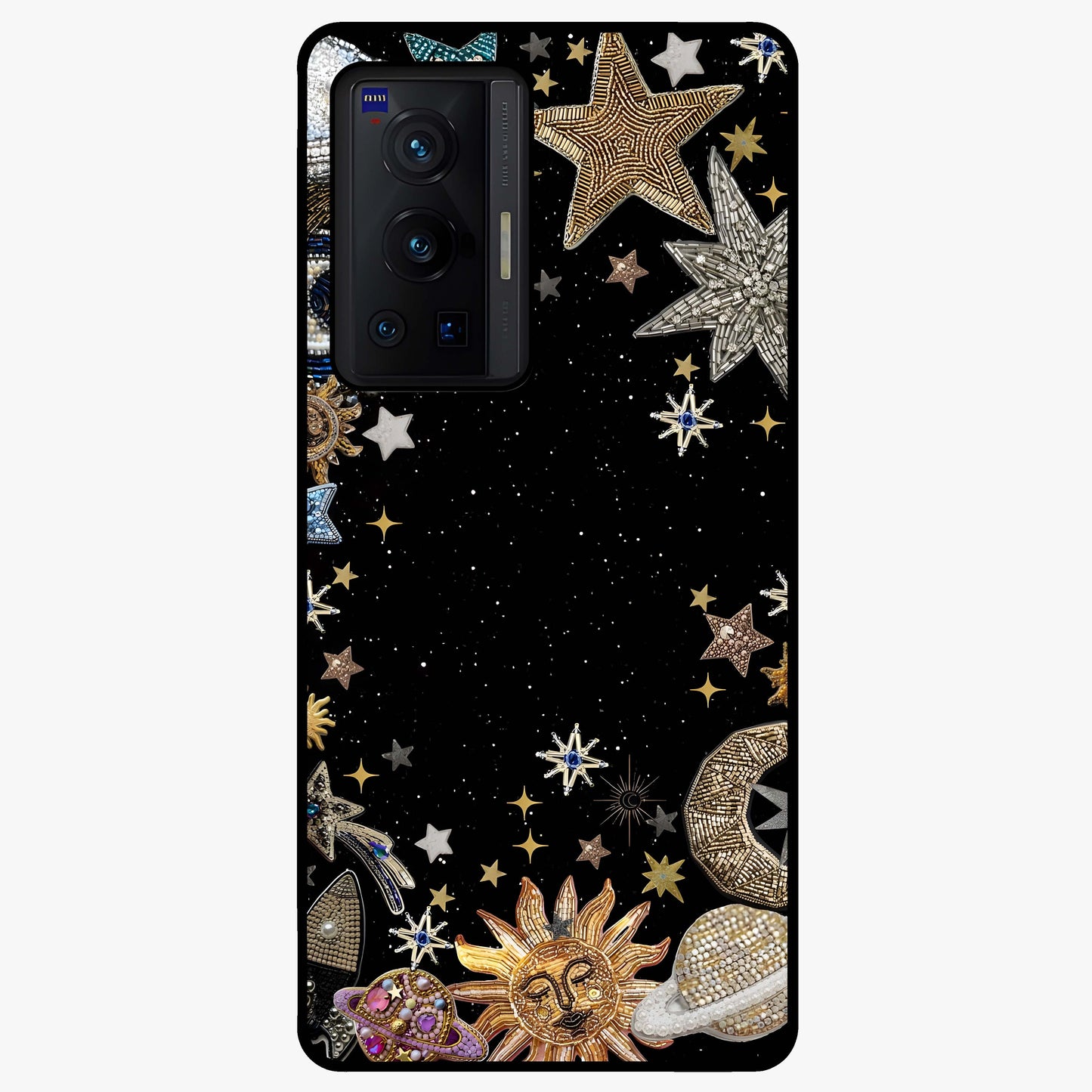 Galactic Jewel Stars Glass Case showing flat back view with sparkling star jewel artwork and glossy glass finish.