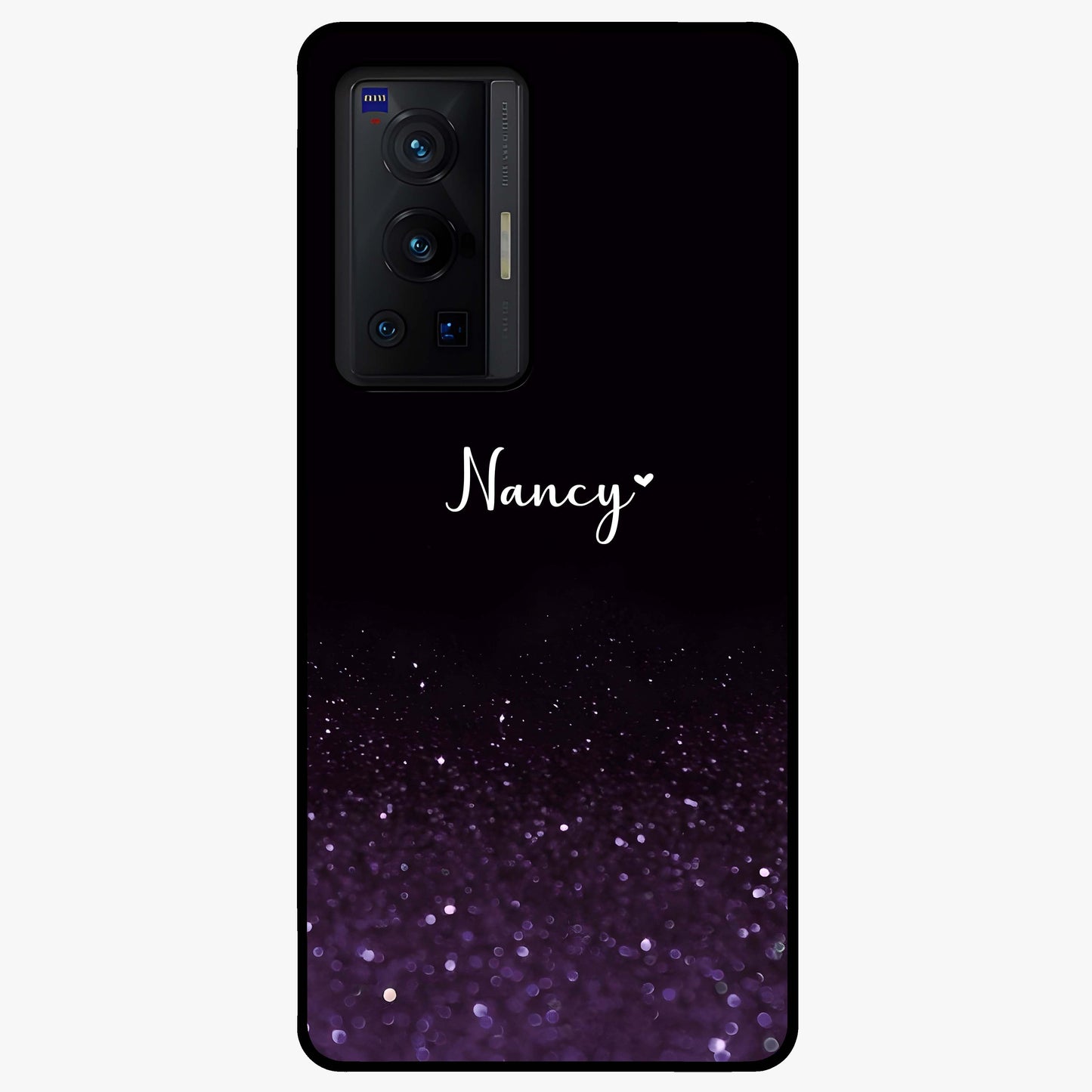 Glittery Purple Bokeh Custom Name Glass Case showing flat back view with purple bokeh sparkle artwork and personalized name design.