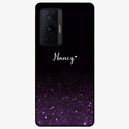 Glittery Purple Bokeh Custom Name Glass Case showing flat back view with purple bokeh sparkle artwork and personalized name design.