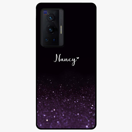 Glittery Purple Bokeh Custom Name Glass Case showing flat back view with purple bokeh sparkle artwork and personalized name design.