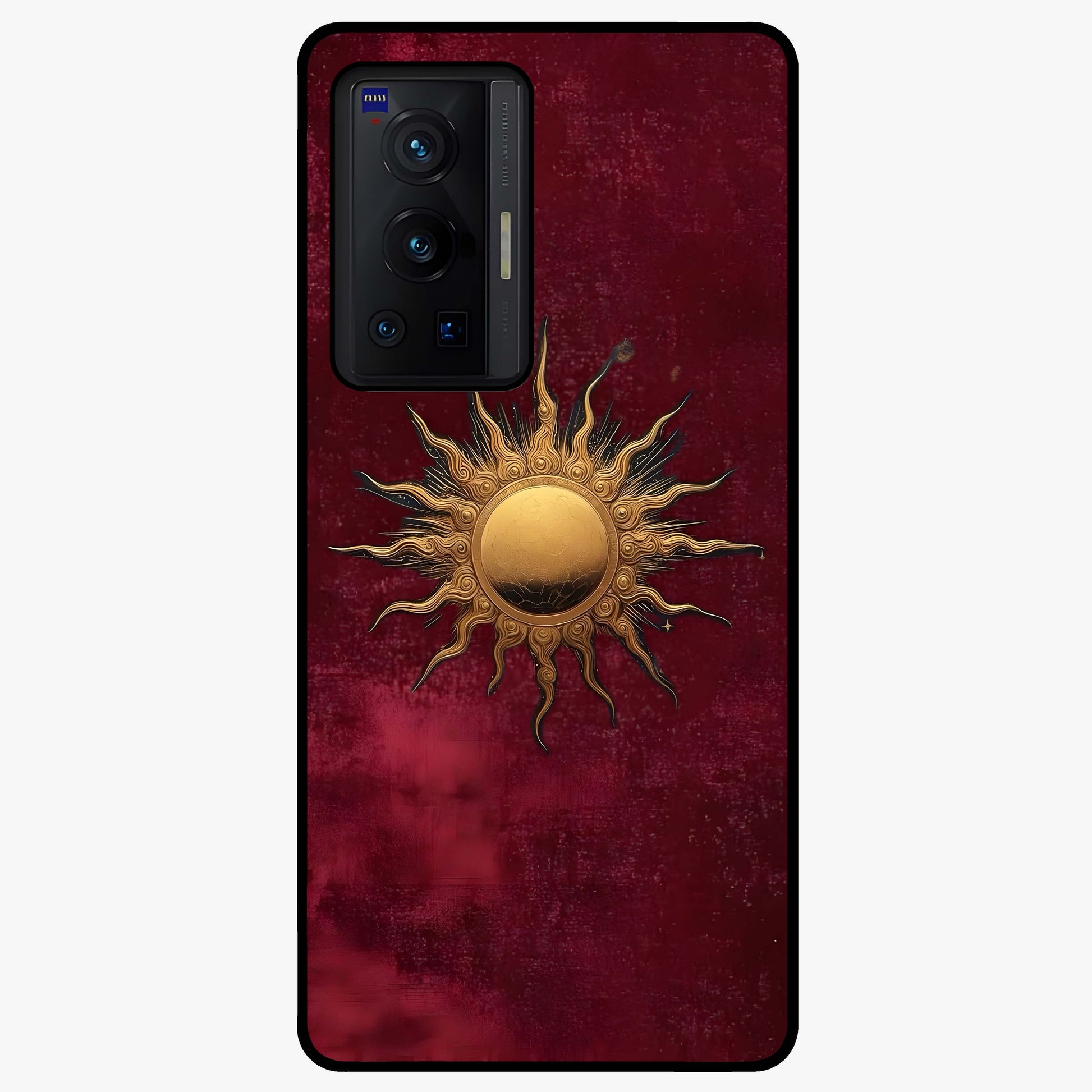 Gold Sun Blush Glass Case showing flat back view with golden sun inspired artwork and glossy glass finish.