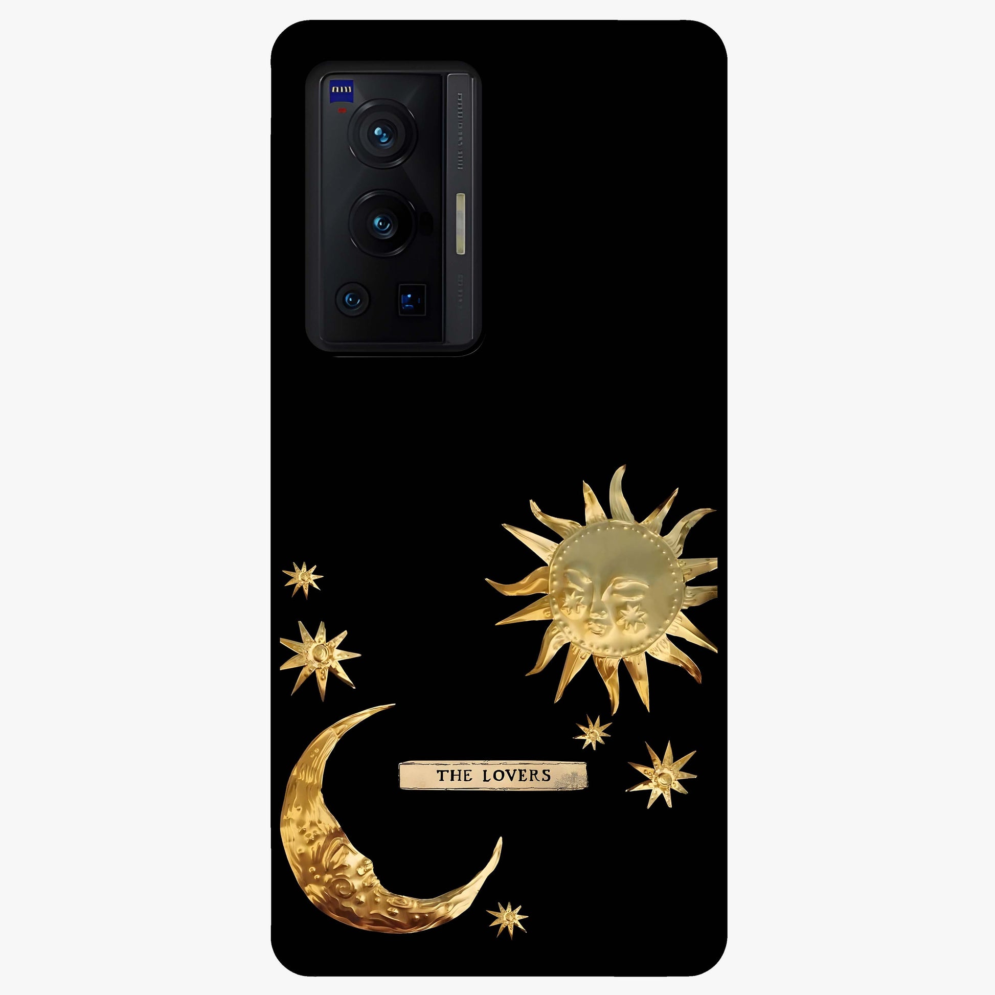 Golden Celestial Charm Glass Case showing flat back view with golden celestial charm artwork and glossy glass finish.