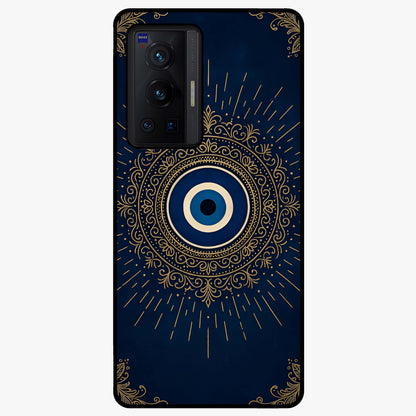 Golden Evil Eye Mandala Glass Case showing flat back view with intricate evil eye mandala artwork and glossy glass finish.