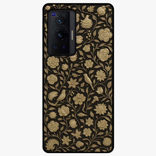 Golden Floral Majesty Glass Case showing flat back view with luxurious golden floral artwork and glossy glass finish.