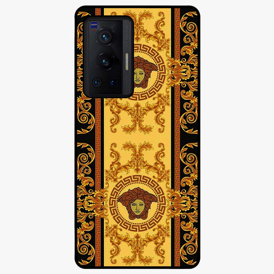 Golden Royal Heritage Glass Case showing flat back view with ornate royal pattern artwork and glossy glass finish.