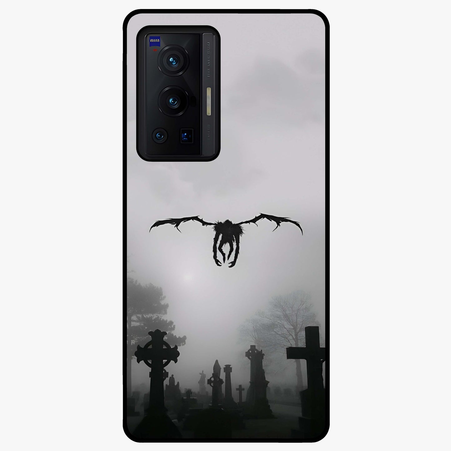 Graveyard Shadow Descent Glass Case showing flat back view with dark graveyard themed artwork and glossy glass finish.