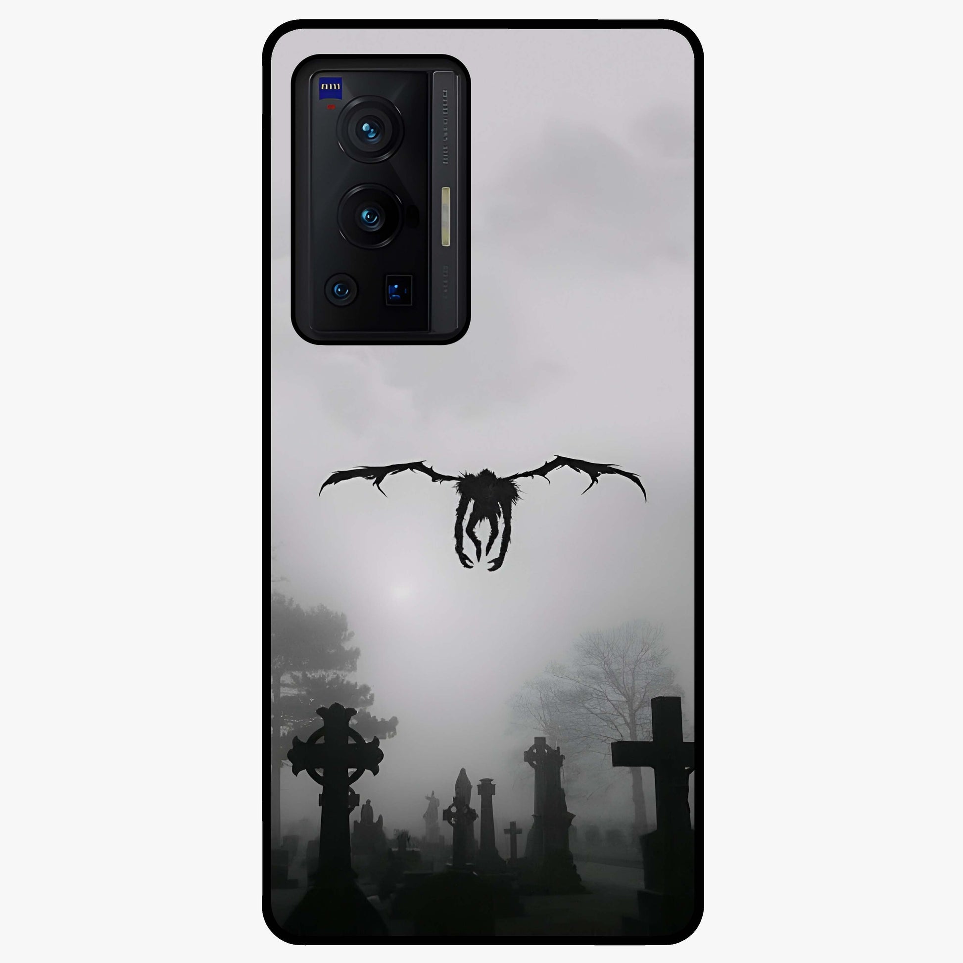 Graveyard Shadow Descent Glass Case showing flat back view with dark graveyard themed artwork and glossy glass finish.
