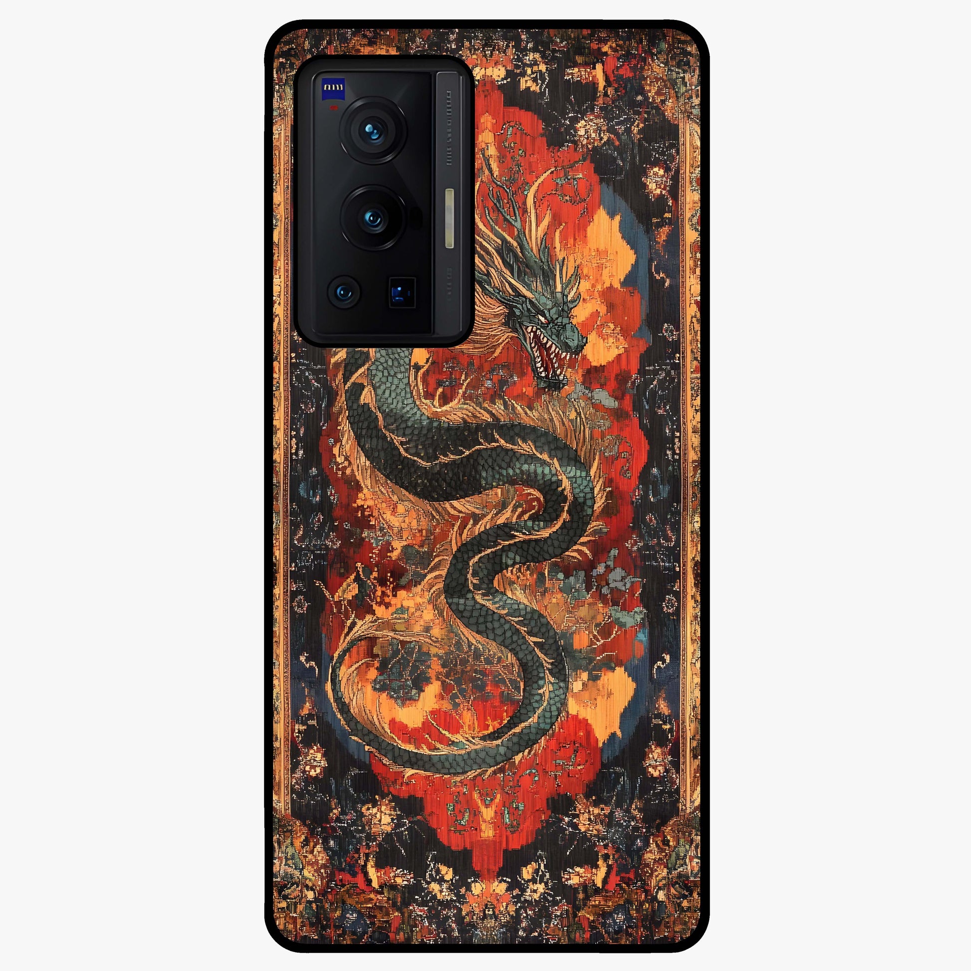 Inferno Dragon Soul Glass Case showing flat back view with fiery dragon artwork and glossy glass finish.