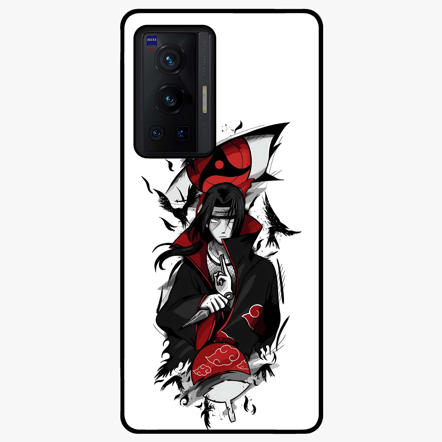 Itachi Sharingan Glass Case showing flat back view with powerful anime eye artwork and glossy glass finish.