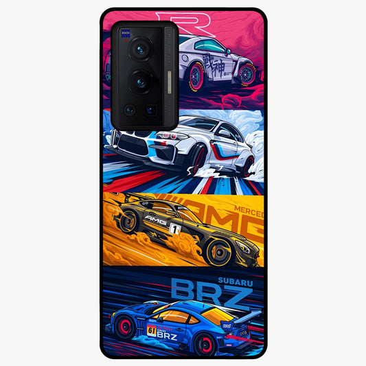JDM Sports Car Glass Case showing flat back view with high performance sports car artwork and glossy glass finish.
