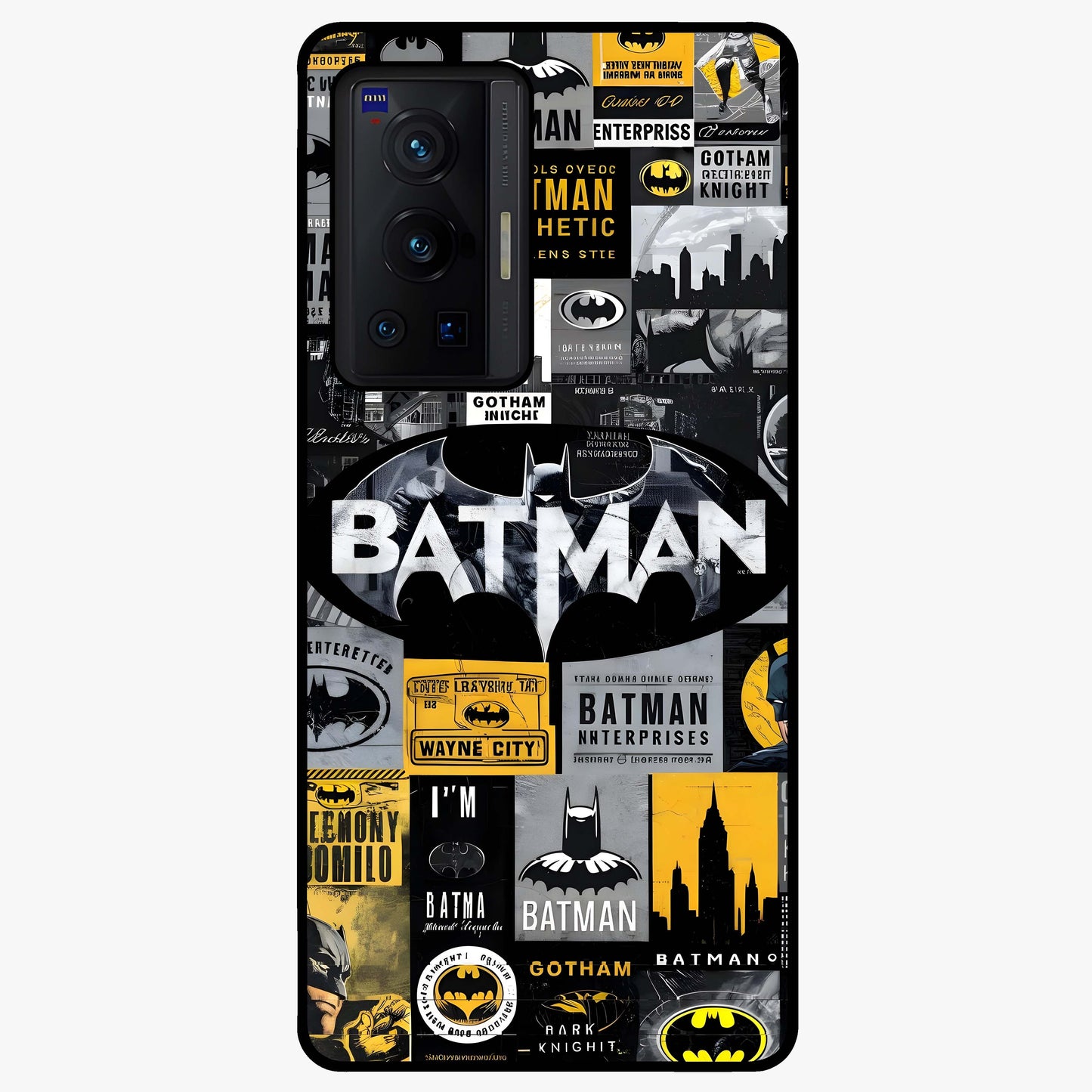 Knight Gotham Rise Glass Case showing flat back view with dark hero inspired artwork and glossy glass finish.