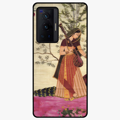 Lady With Veena Art Glass Case showing flat back view with elegant woman playing veena artwork and glossy glass finish.