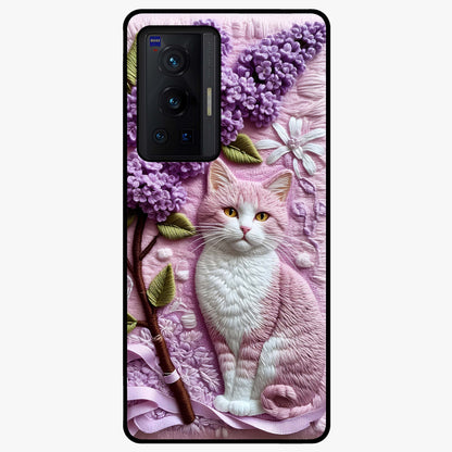 Lavender Cat Whimsy Glass Case showing flat back view with cute lavender cat artwork and glossy glass finish.