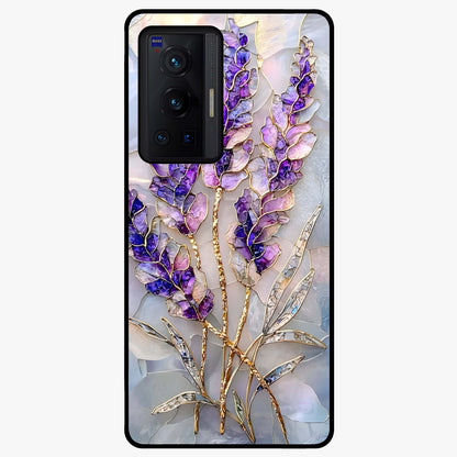 Lavender Dream Glow Glass Case showing flat back view with glowing lavender aesthetic artwork and glossy glass finish.