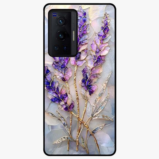 Lavender Dream Glow Glass Case showing flat back view with glowing lavender aesthetic artwork and glossy glass finish.
