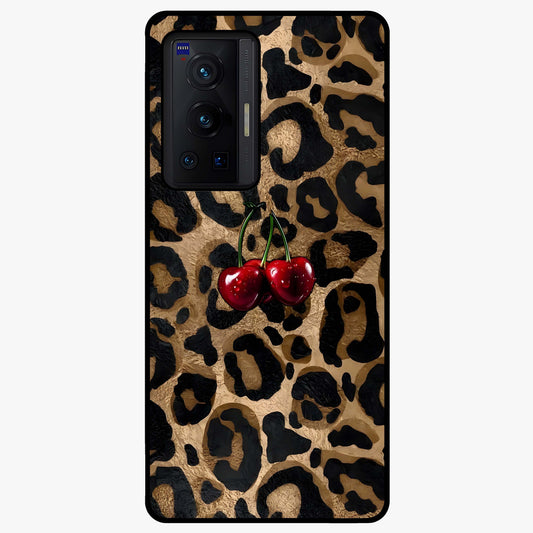 Leopard Wild Cherry Glass Case showing flat back view with leopard pattern and cherry artwork and glossy glass finish.