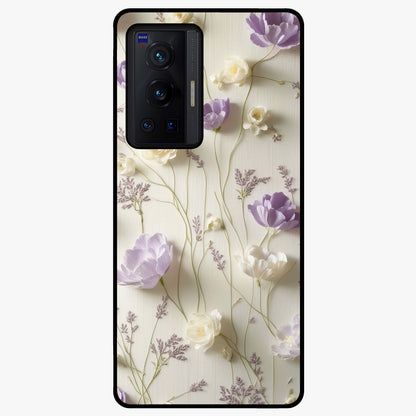 Lilac Breeze Harmony Glass Case showing flat back view with soft lilac themed artwork and glossy glass finish.