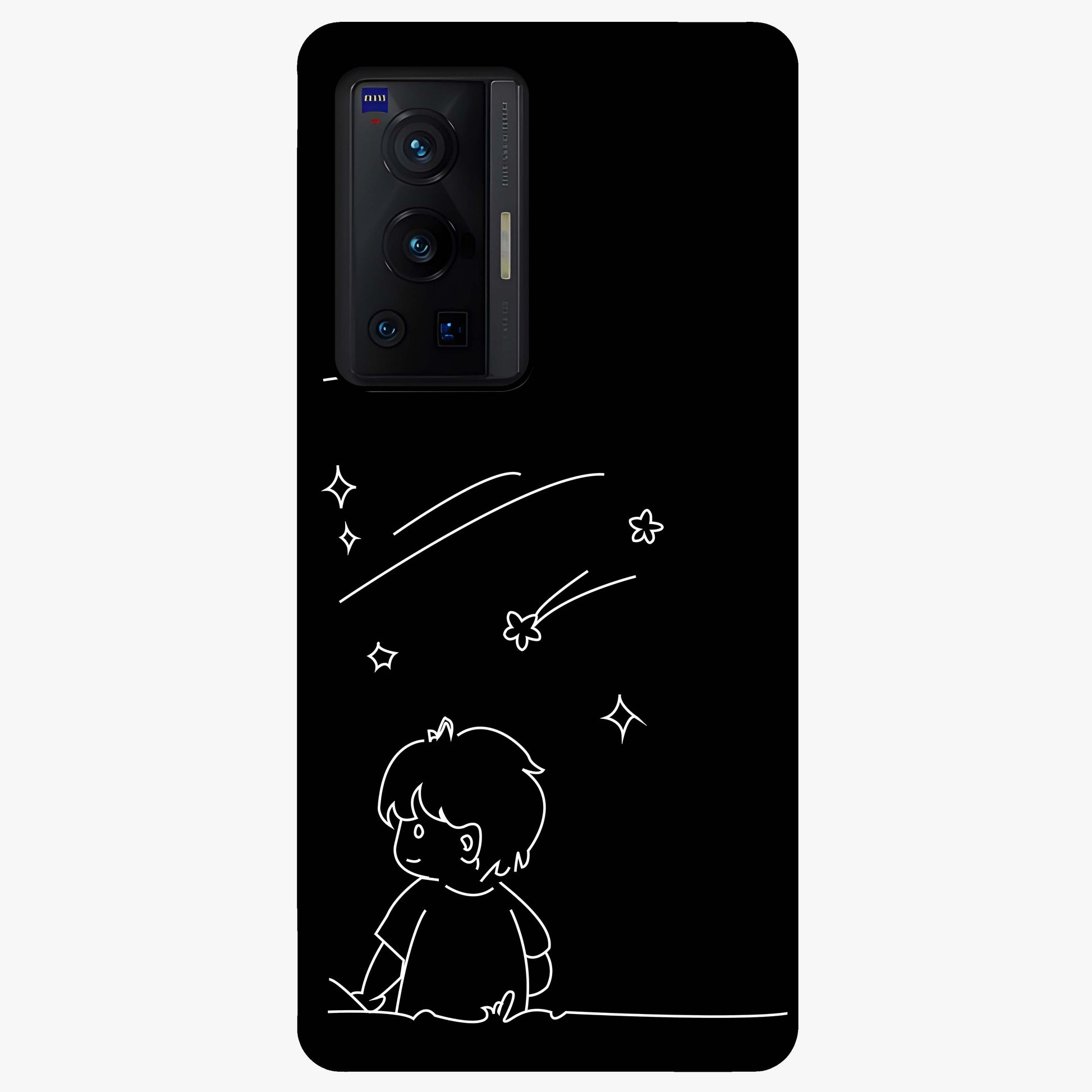 Line Art Boy With Shooting Stars Glass Case showing flat back view with minimal line art boy and shooting stars illustration and glossy glass finish.