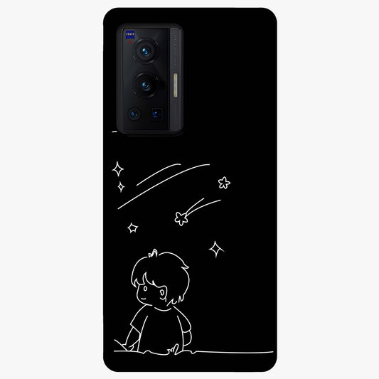 Line Art Boy With Shooting Stars Glass Case showing flat back view with minimal line art boy and shooting stars illustration and glossy glass finish.