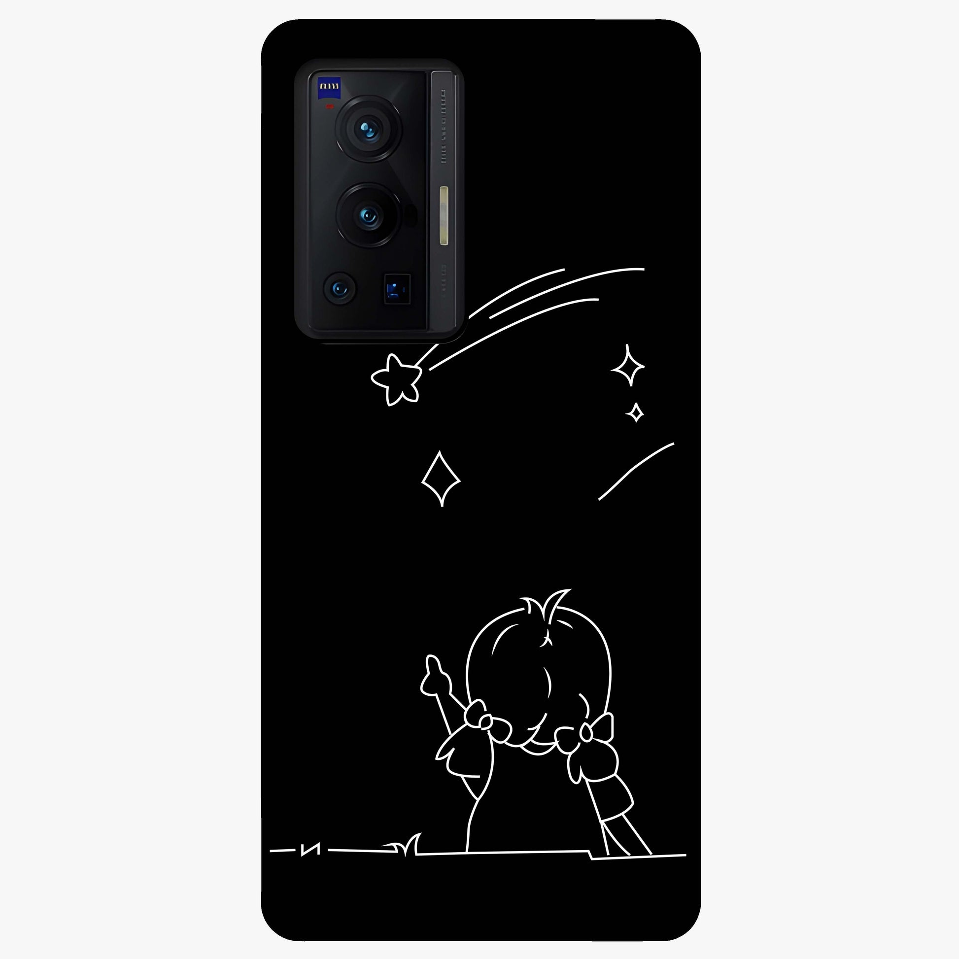 Line Art Girl With Shooting Stars Glass Case showing flat back view with minimal line art girl and shooting stars illustration and glossy glass finish.