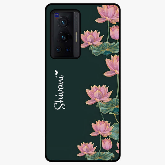 Lotus Bloom Serenity Custom Name Glass Case showing flat back view with elegant lotus flower artwork and personalized name design.