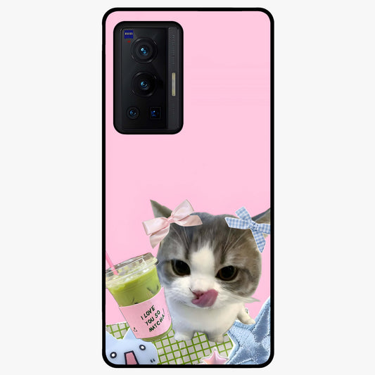 Love Matcha Cat Glass Case showing flat back view with cute cat and matcha themed artwork and glossy glass finish.