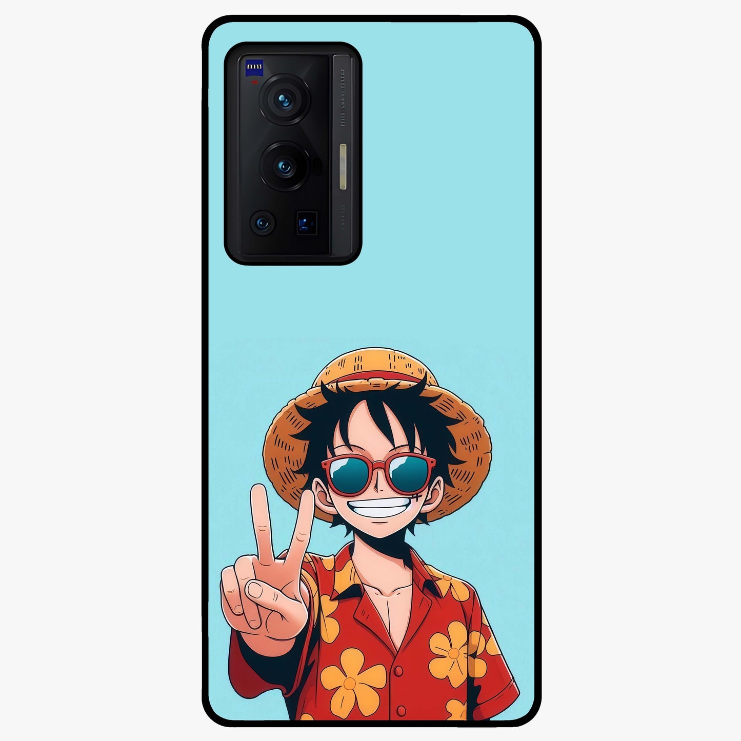 Luffy Summer Anime Vibe Glass Case showing flat back view with vibrant anime character artwork and glossy glass finish.