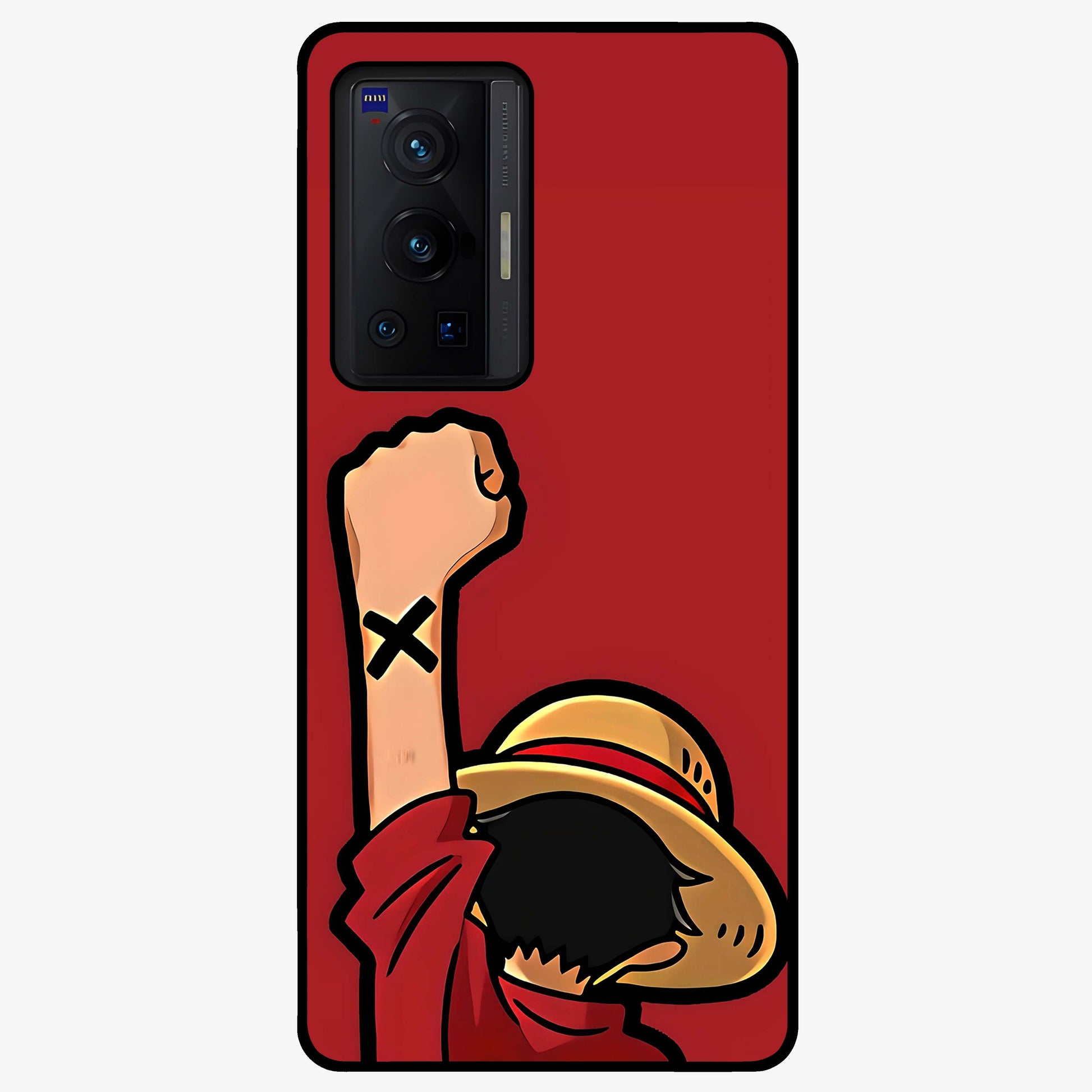 Luffy X Spirit Glass Case showing flat back view with bold anime character artwork and glossy glass finish.