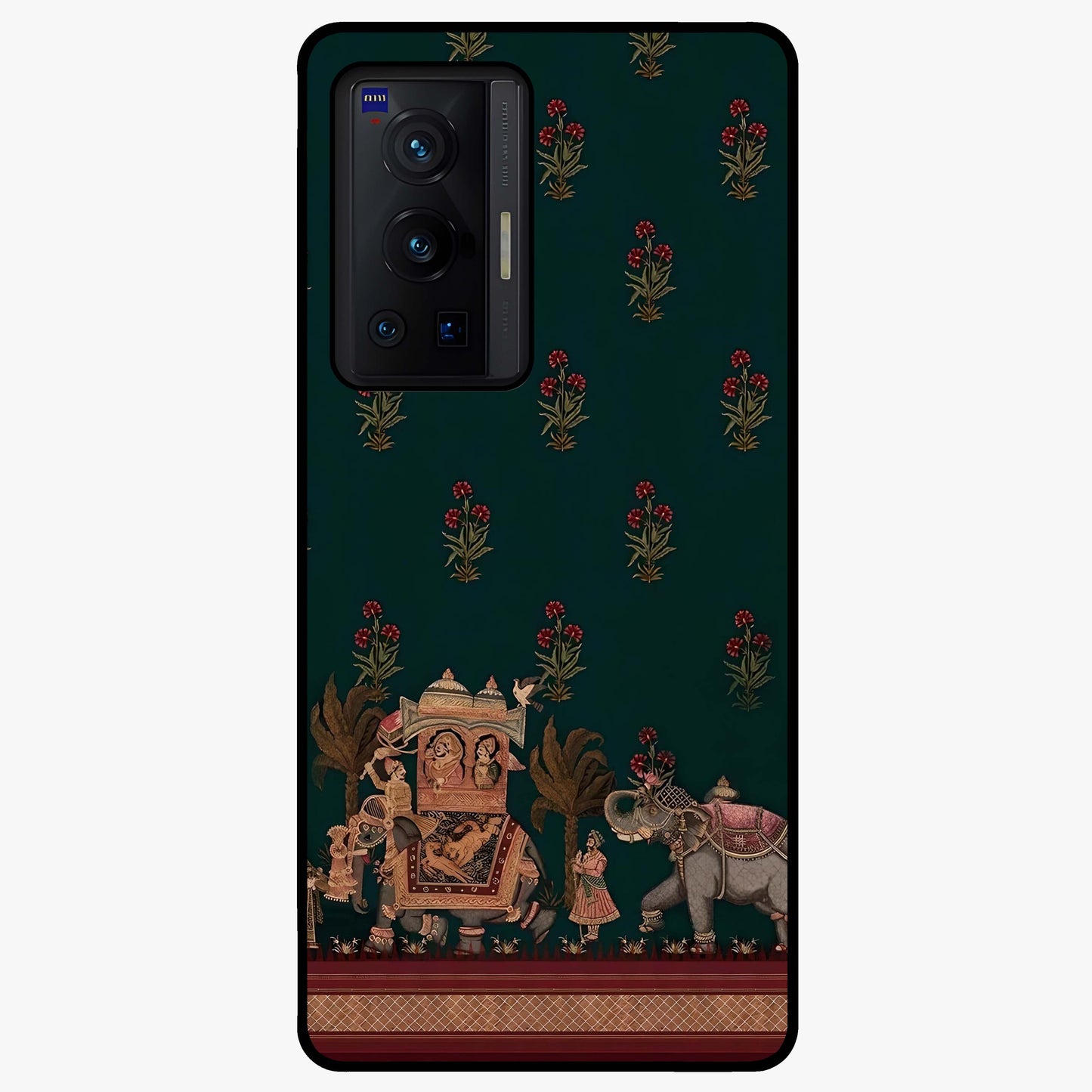 Macmerise Glass Case showing flat back view with stylish modern artwork and glossy glass finish.