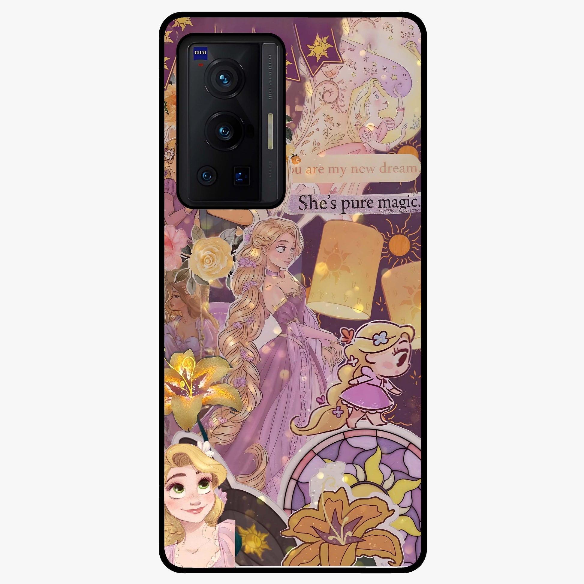 Magical Tangled Dream Glass Case showing flat back view with dreamy tangled artwork and glossy glass finish.
