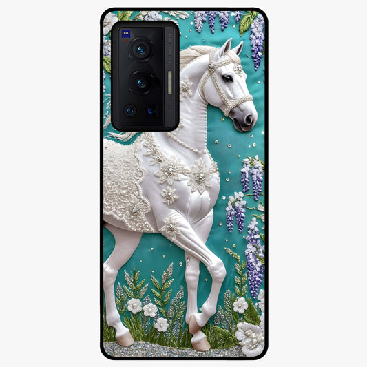 Majestic Floral Stallion Glass Case showing flat back view with powerful horse and floral artwork and glossy glass finish.