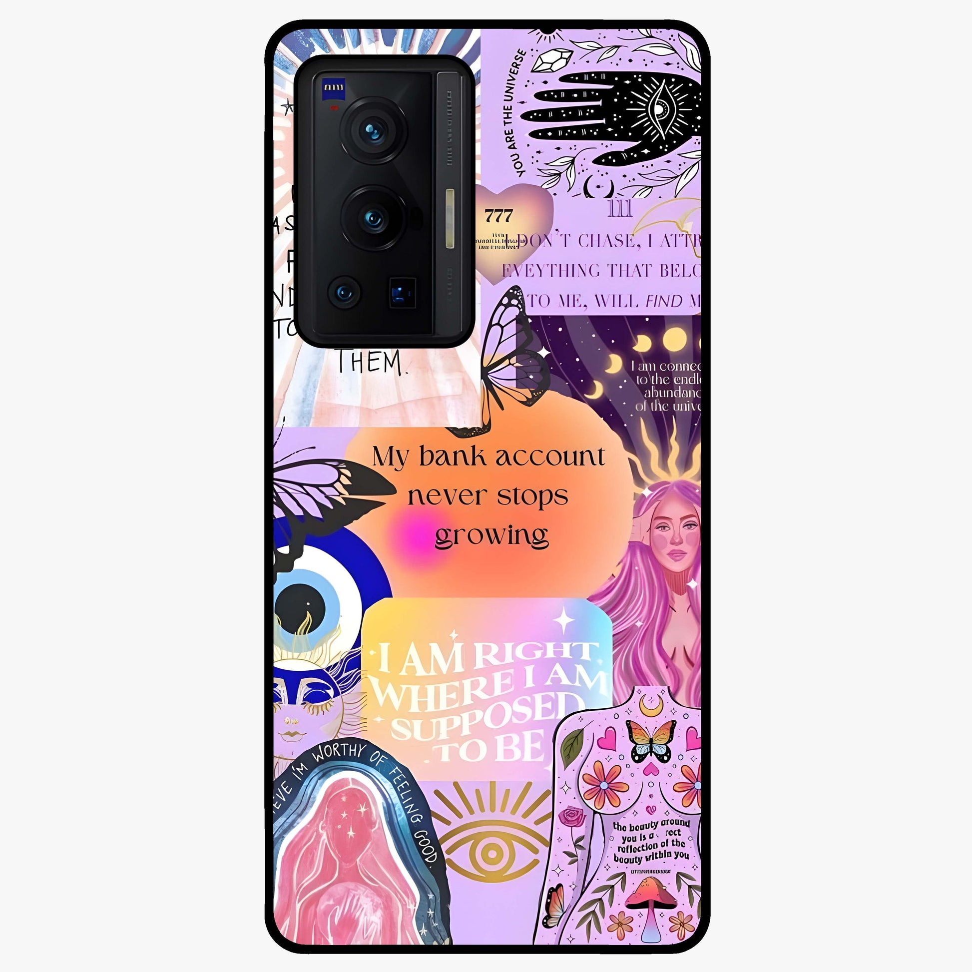Manifestation Collage Glass Case showing flat back view with motivational collage artwork and glossy glass finish.