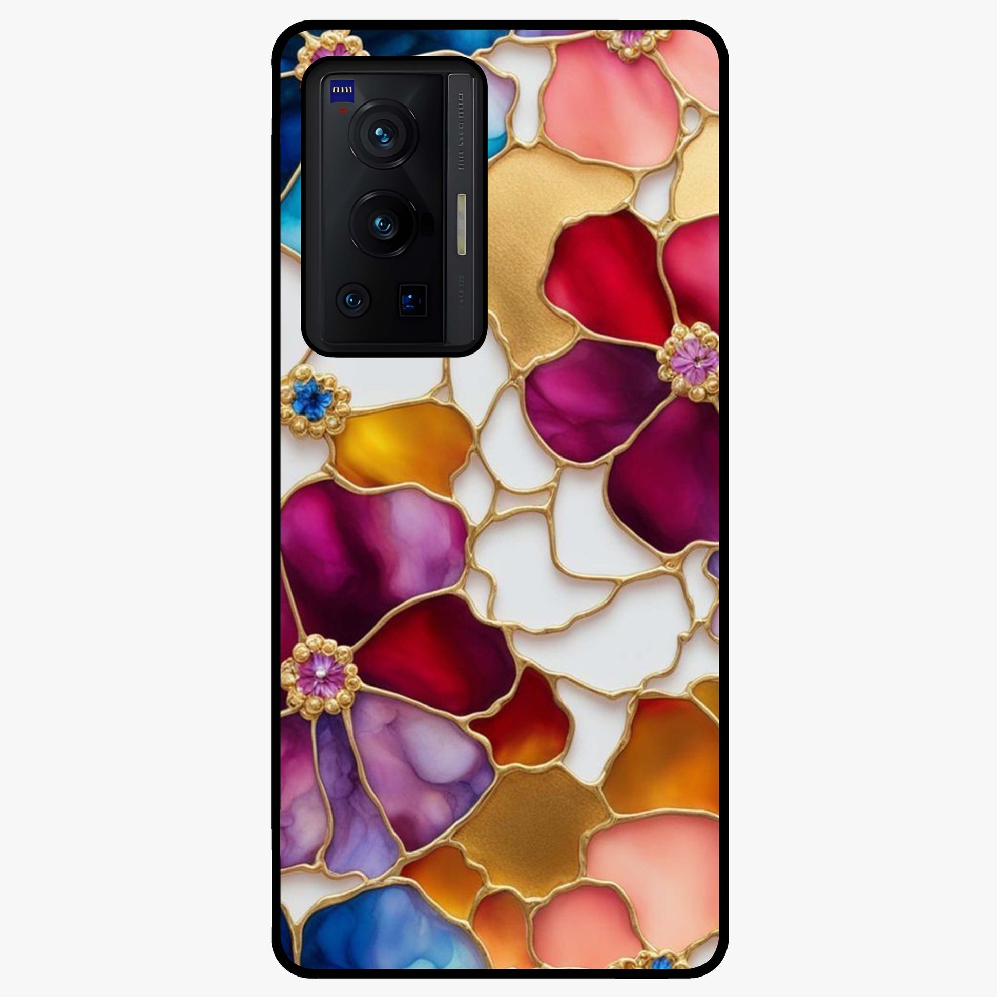 Marble Flower Pattern Glass Case showing flat back view with marble texture floral artwork and glossy glass finish.