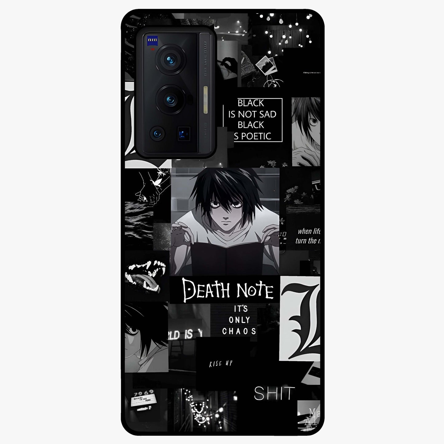 Midnight Chaos Mind Glass Case showing flat back view with abstract dark themed artwork and glossy glass finish.