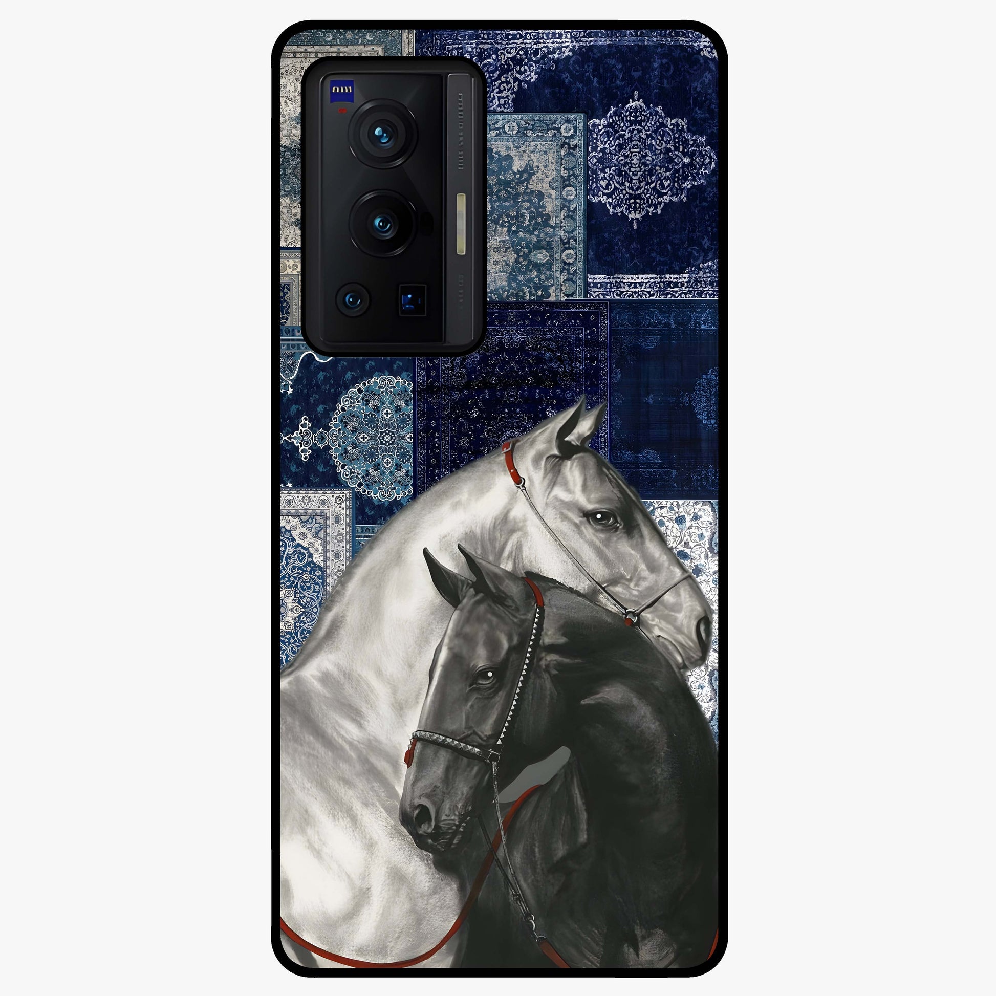 Midnight Stallion Blues Glass Case showing flat back view with majestic horse artwork and glossy glass finish.